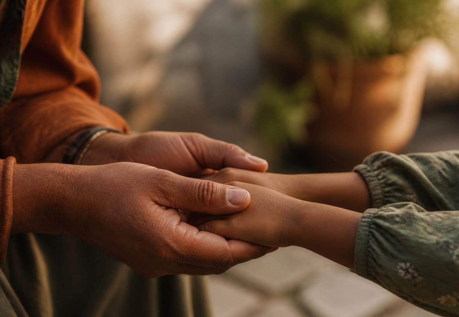 Mãos de uma pessoa adulta segurando com cuidado as mãos de uma criança